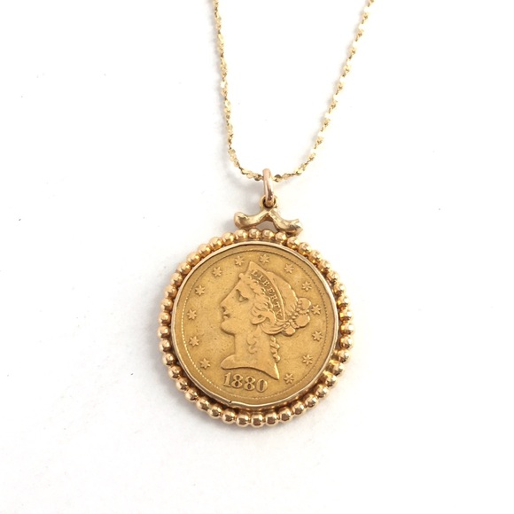 Vintage 14k Gold Coin Pendant Liberty 5 Dollar